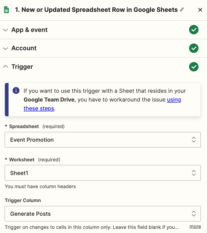 A Google Sheets trigger step in the Zap editor with fields filled out.