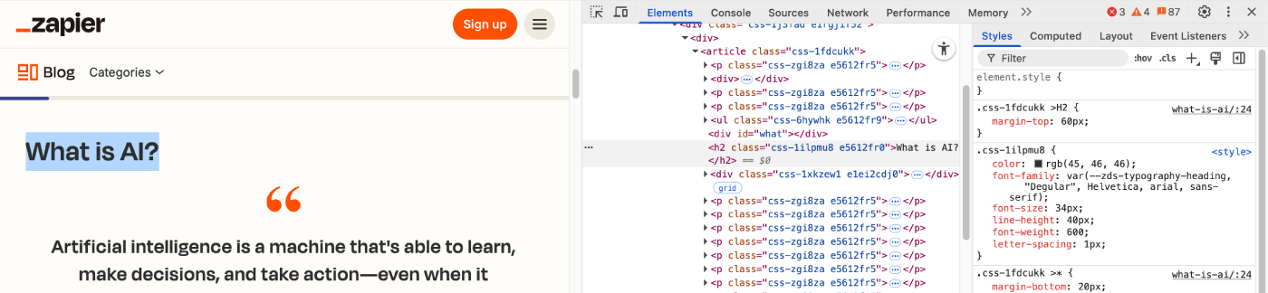 Screenshot of the writer highlighting a specific line of code for "What is AI"