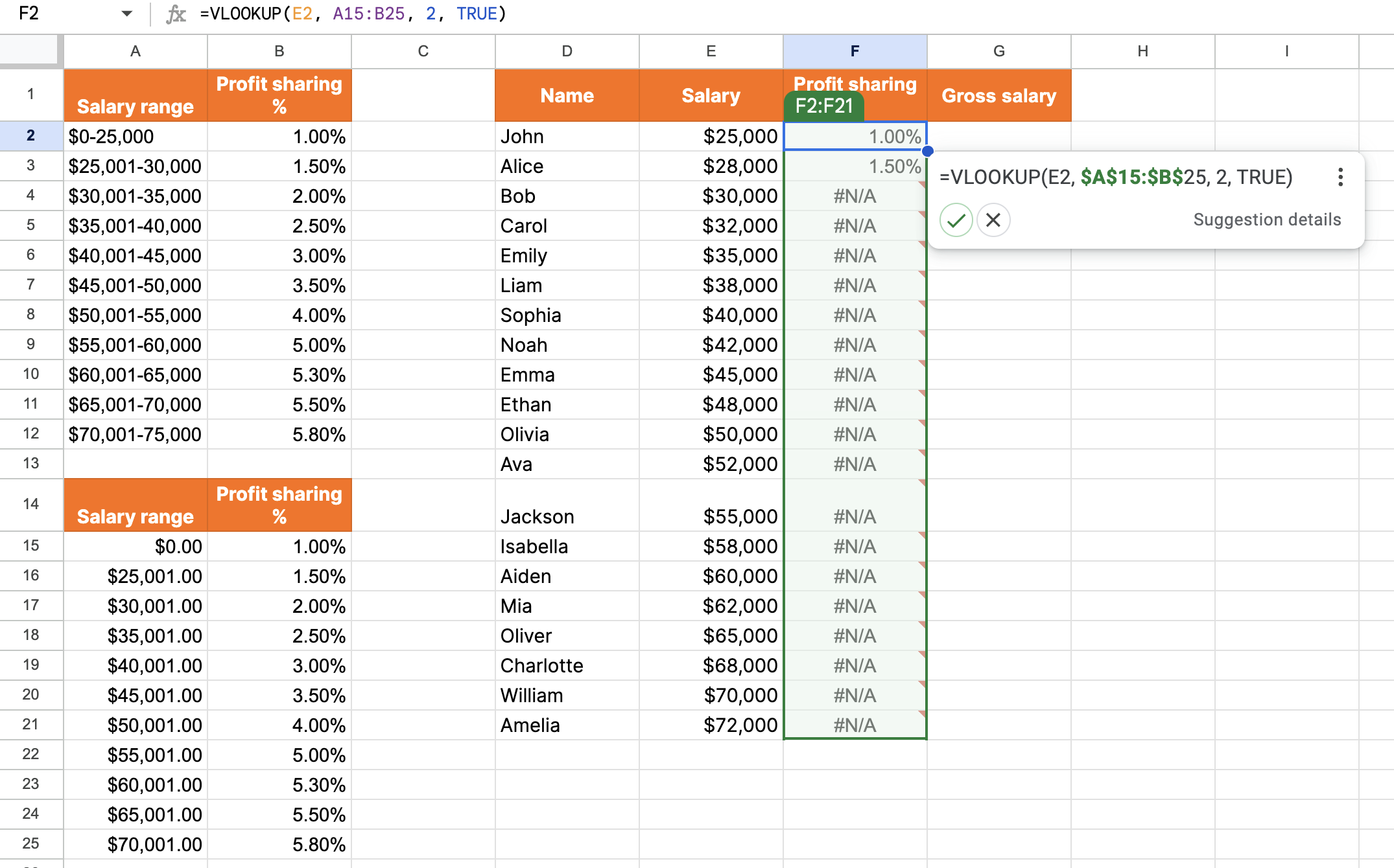 Screenshot of dragging the function in a Google Sheet.