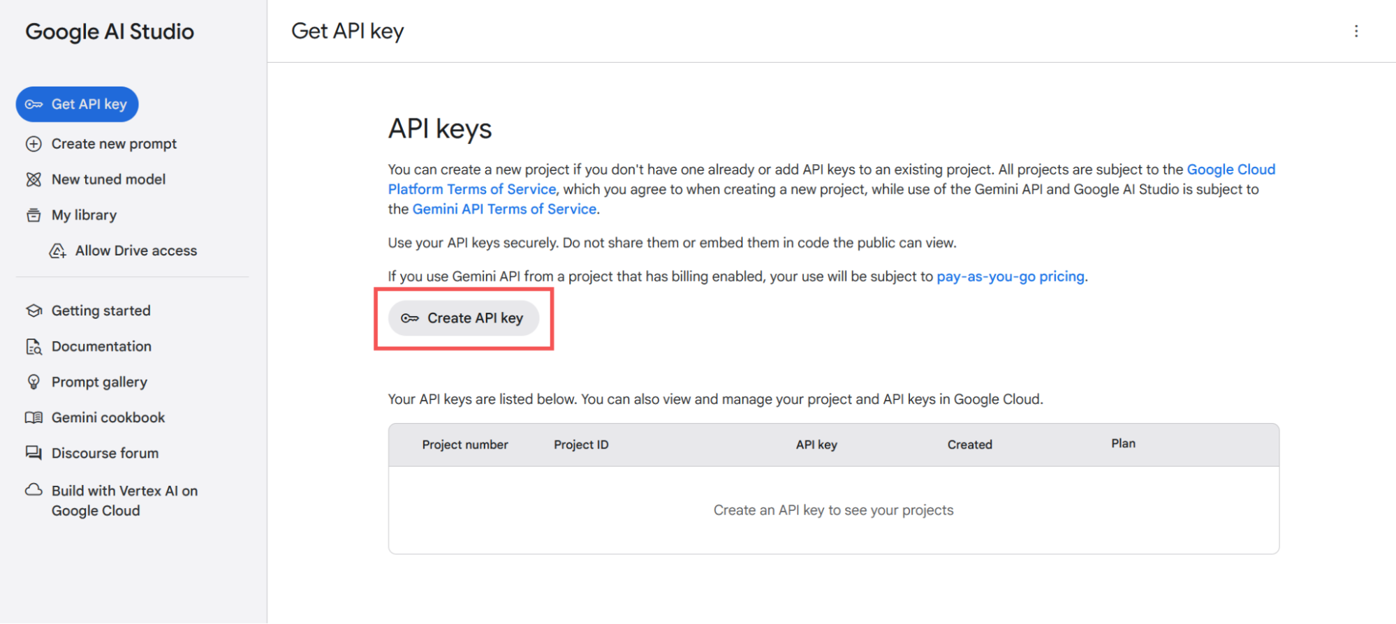 The Create API key button in Google AI Studio
