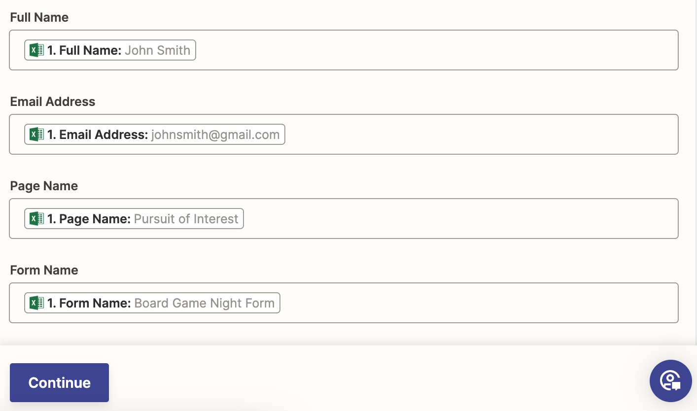 Excel fields in the Zap editor with data from the Excel trigger step added to the fields.