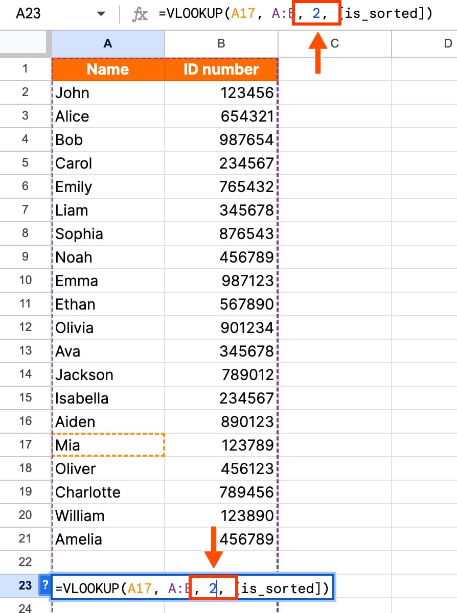 Screenshot of setting the index column in a Google Sheet.