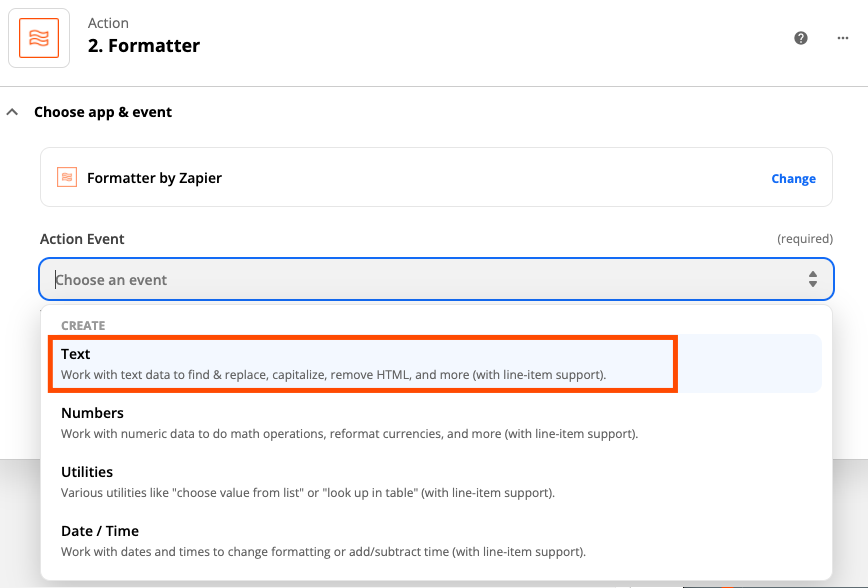A dropdown menu with the Text option highlighted in red
